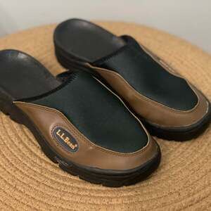 L.L. Bean Slides Tan Brown/Green leather and canvas Comfort Slip-On Women's 6